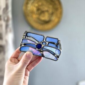 Stained Glass Metal Blue Handmade Business Card Holder Vintage